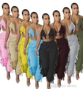 Kvinnors avslappnad Tassel Sling Long Pants Set Summer Solid Color Fashion Sexy Two Piece Suit Lady Outfits Apparel Plus Size Mogings C2385162