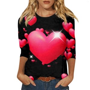 Women's T Shirts Valentine's Day Clothing Fashion Casual Round Neck 3/4 Sleeve Loose Love Print T-shirt Top Ropa