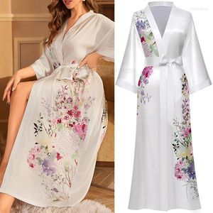 Kvinnors sömnkläder tryck blomma lång mantel bröllop halv ärm kimono badrock klänning vår sommar kvinnlig nattklänning lös satin hemklänning