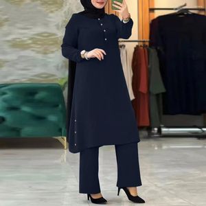 Ethnic Clothing Women Two Piece Muslim Sets 2pcs Abaya Kimono Khimar 4XL Top Wide Leg Pants Suit Kaftan Solid Ramadan Eid 2 Islam