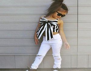 Summer Girls Set Striped Bow Ribbon Tops White Hole Pants Two Piece Girls Outfits Children Baby Clothing Sets Toddler Girls Clot8193460