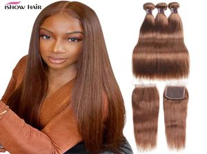 IShow Ombre Color Hair Weaves Weft Extensions 3 Bunds med spetsstängning 30 T1B27 T1B99J Body Wave Human Hair rakt Brown 23096275