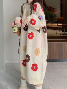 Sukienki swobodne kwiatowe dzianiny długie kobiety jesienne zima luźna sukienka Sweter Koreańska moda ponadwymiarowa słodycz