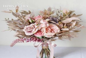 Flores de casamento Himstory vintage artificial empoeirado rosa buquês romântico peônias nupcial artesanal seda rosa noivas mão segurando flor9217819