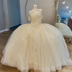 Lätt champagne söt 16 quinceanera klänning från axel applicerad spets tull ball klänning prinsessan fest födelsedag klänning vestidos 15 de