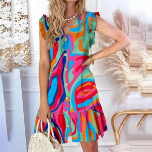 Dress 2023 Summer Vneck Flying Sleeve Dress Women's Loose Printing Casual Sleeveless Buttons Skirts Beach Style Vintage Floral Dress