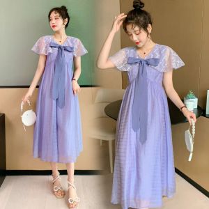 Dresses Vintage Purple Lacing Maternity Dress Fashion Lace Shawl Bow Loose Pregnancy Dresses 2023 Summer New Clothes For Pregnant Women