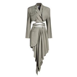 Suits Halfbody Skirt Gray Pleated Irregular Two Pieces Suit New Lapel Long Sleeve Loose Women Fashion Spring Autumn 2023