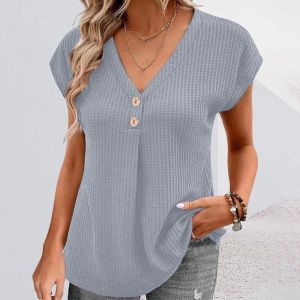 Skjorta 2023 Summer Women Shirt Casual Loose V Neck Short Sleeve Flowy Blue Tunic Top Cotton Long Tops