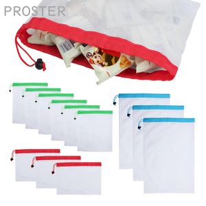 PROSTER 12PCS/LOT القابلة لإعادة الاستخدام قابلة للاستخدام أكياس شبكة شبكية بيئة حقيبة حقيبة ودية حقيبة قضية 3 أحجام لألعاب الفاكهة الخضار 240229