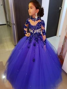 Spring Girls Pageant Dresses High Neck Flower Girl Dresses Long Sleeve Royal Blue Beads Floor Length Kids Birthday Communion Dress8522705