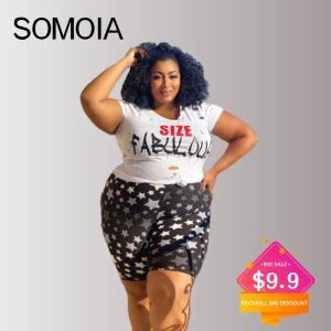 Sets Somoia Plus Boyut Trailsuit Kadınlar İki Parça Set Yaz Şortlu Kollu Delik Tshirt 2 Parça Takım Mektup Yıldız Baskı Sokak Giyim