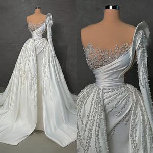 Luxus Perlen Meerjungfrau Brautkleid Pailletten Brautkleider mit Überröcken Eine Schulter Braut Kleider Nach Maß Vestido de novia