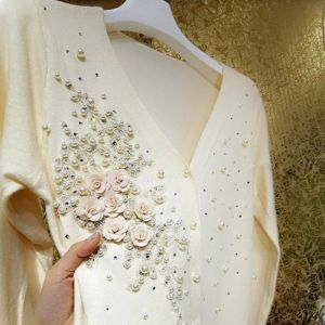 Hırkalar lüks kadın vneck rhinestones peri inci seater ceket 3d çiçekler boncuklu örgü hırka kristal örgü ceket mahsulleri