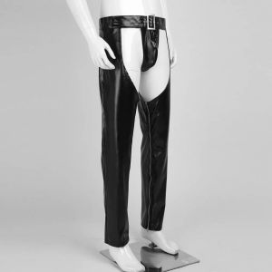 Hosen Mxxl Herren West Cowboy Kostüm Offener Schritt PVC Hose Chaps sexy Clubwear Wetlook Pole Dance Homosexuell Leder Langes Hosen Rollenspiele