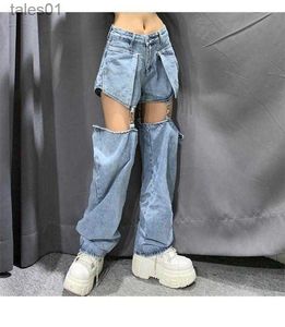 Kvinnors jeans jeans street splice wide ben byxor hip-hop bomull lös retro kedja borttagbara denimbyxor 240304