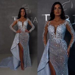 Affascinanti abiti da ballo a sirena Sweetheart Applique in pizzo Paillettes brillanti Maniche lunghe Spacco laterale Treno staccabile Abito da festa formale su misura Vestido De Noite