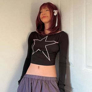 Camisetas femininas Y2K Girly Star Graphic Crop Tops Preto Tees Manga Longa Backless Equipado para Mulheres Roupas Na Moda