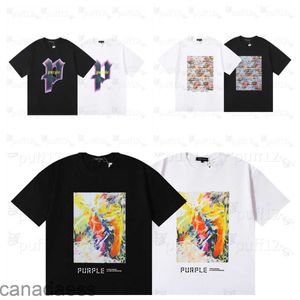 Mens Designer Camiseta Roxo Marca Roupas Camisa de Algodão Graffiti Evil Fun Colorido Alfabeto Impressão Esboço Pintura A Óleo Padrão Rua Hip Hop Solto Top QFM0