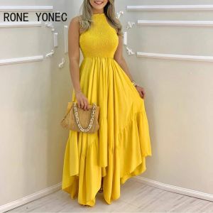 Dresses Women Elegant Dress Plain Sleeveless Ruched Maxi Pleated Dress Summer Dress