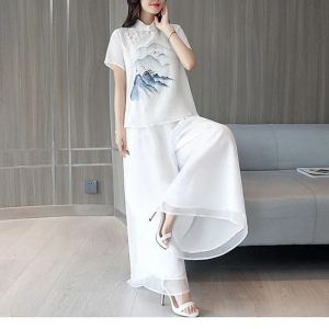 Si adatta alle donne cinesi retrò cheongsam top in chiffon bianco pantaloni larghi a gamba larga stile cinese vintage elegante stampa in lino set di 2 pezzi