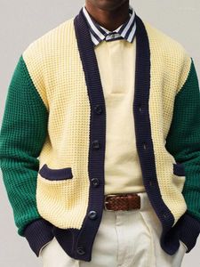 남자 스웨이터 컬러 블록 니트 가디건 스웨터 - 두꺼운 청키 니트 겉옷