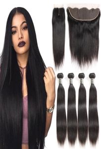 Brazylijski prosty pakiet włosów z pierwotnych dziewiczych REMY Human Hair Weave 4 wiązki z zamknięciem 13x4 koronkowe wiązki czołowe głębokie fala ciała 8309602