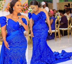 Plus Size Árabe Aso Ebi Azul Royal Luxuoso Vestidos de Baile Renda Sereia Sexy Noite Formal Festa Segunda Recepção Vestidos de Aniversário Vestido