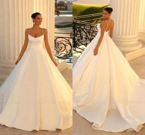 Linia elegancka satynowa biała sukienki ślubne z kości słoniowej seksowne plecy spagehtti paski ślubne suknie małżonkowe bc bc