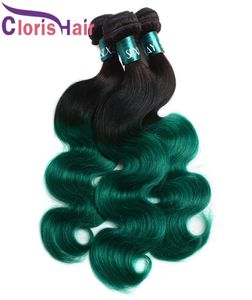 Fasci di capelli umani vergini brasiliani dell'onda del corpo di verde turchese lucido Ombre Radici scure Tessuto ondulato 100gpcs Cucitura stretta in Exte8091263 colorato