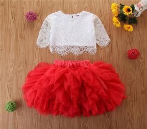 Conjunto de roupas infantis para meninas, 2 peças, blusas de renda branca, malha, tutu, princesa, conjunto de roupas para meninas 7770467