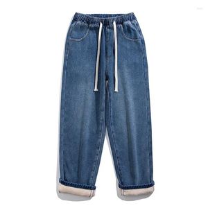 Mens Jeans 2024 Vinter Men Warm Baggy Streetwear Korean Fashion Denim Wide Leg Pants Fleece Thick Casual Trousers Male Brand Blue