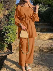 Abbigliamento Zanzea Fashion Muslim Matching Sets Women Elegant Ol Work Outumits Autunno Casual Urban Track Suit Vintage Wide Leg Pant 2pcs 2024