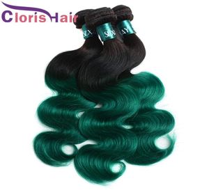 Fasci di capelli umani vergini brasiliani dell'onda del corpo di verde turchese lucido Ombre Radici scure Tessuto ondulato 100gpcs Cucitura stretta in Exte3951663 colorato