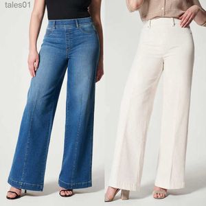 Calças de brim femininas costura frente perna larga jeans cintura elástica estiramento denim flare jeans cintura baggy bell bottom jeans 2307242 240304