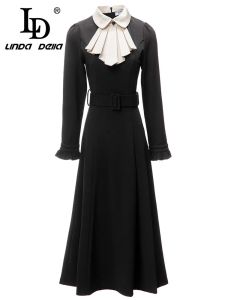 Vestido ld linda della italiano outono e inverno vestido vintage feminino preto babados cinto splice drapeado fino ajuste viagem vestido longo