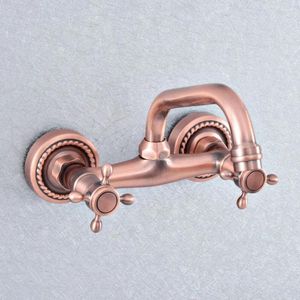 Bathroom Sink Faucets Antique Red Copper Swivel Spout Kitchen Faucet / Wall Mounted Dual Cross Handles Basin Mixer Taps Nsf856