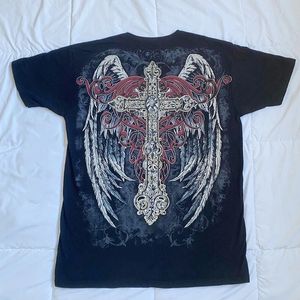 Y2K Cyber Grunge Cross Wing Print T-shirt E Girl Gothic Mall Goth Loose Tee 90s Vintage Harajuku Short Sleeve Tops Women Men 240227
