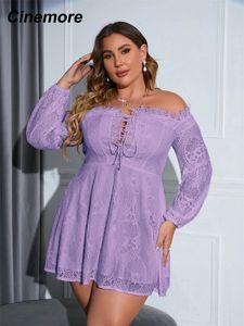 Cinemore Plus Size Dresses for Women Sexy Off Shoulder Lace Up A Line Mini Lace Dress Chic Elegant Woman Dress Long Sleeves 1102 240229