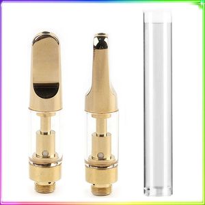 Guld Th205 Vape -patroner med plaströr 0,5 ml 0,8 ml 1,0 ml keramisk spole Atomizer Full Golden 510 tråd tomma vagnar