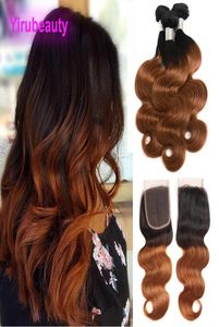 Mongolian 1B30 Double Color Human Hair Ombre Bundles With 4X4 Lace Closure Body Wave 4 Pieceslot Body Wave 1B 307227603