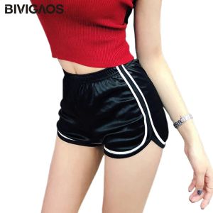 Shorts bivigaos sommar vintage smidig träning sexig shorts kvinnor randig hög midje elasticitet hotpants silkduk tunna mini korta kvinnor