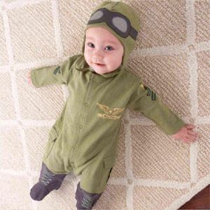 Våren och hösten ny spädbarnspilot Militärgrön jumpsuit och hattdräkt Småbarn Kids Baby Boy and Girl Romper Playsuit G12182823014