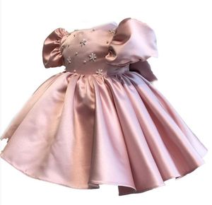 Jewel Satin Knee-length Short Sleeve Flower Girls' Dress Princess Wedding Party Christmas Dresses Girls' First Birthday Dresses