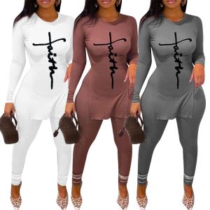 Tute Nuova Tuta per le donne Faith Lettera Maglia a coste Set a due pezzi Casual 2 pezzi Abiti Magliette a maniche lunghe Pantaloni Completo Set coordinato