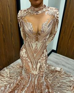 2024 Sexig Champagne Prom Dresses High Neck Illusion sjöjungfru Långärmar Rose Gold Sequined Lace Sequin Evening Dress Prom Gowns Corset Train Dragkedja tillbaka