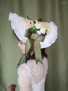 Berets 2024 Lolita Vintage Straw Hat Green Ribbon Bonnet Lace Fascinator Flower Headdress Costume Fancy Show Women Headwear