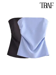 Tanques femininos TRAF Mulheres Moda Drapeado Strapless Bustier Tops Sexy Ombro Exposto Pescoço Feminino Camis Mujer