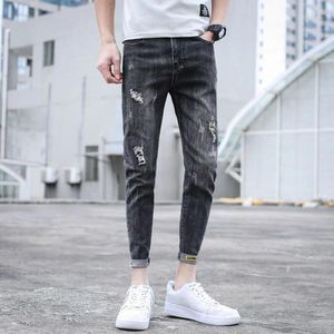 Men's Jeans For Men Stretch Slim Fit Male Cowboy Pants Ripped Trousers With Holes Tight Pipe Elastic Torn Broken Light Blue Skinny Xs