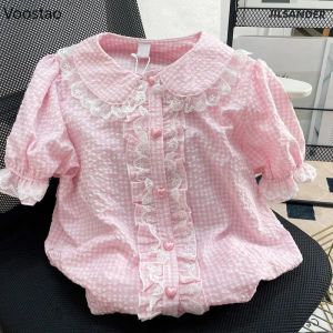 Camisa japonesa estilo lolita blusas xadrez de renda verão mulheres kawaii peter pan colar jk camisa fofa meninas doce manga bufante blusas mujer